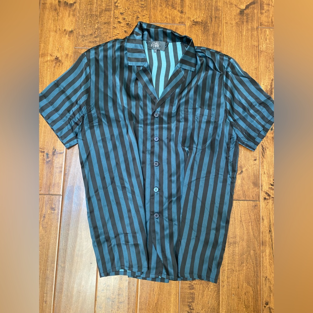 Mulberry Silk Teal and Black Striped Short-Sleeve Button-Up Shirt xl